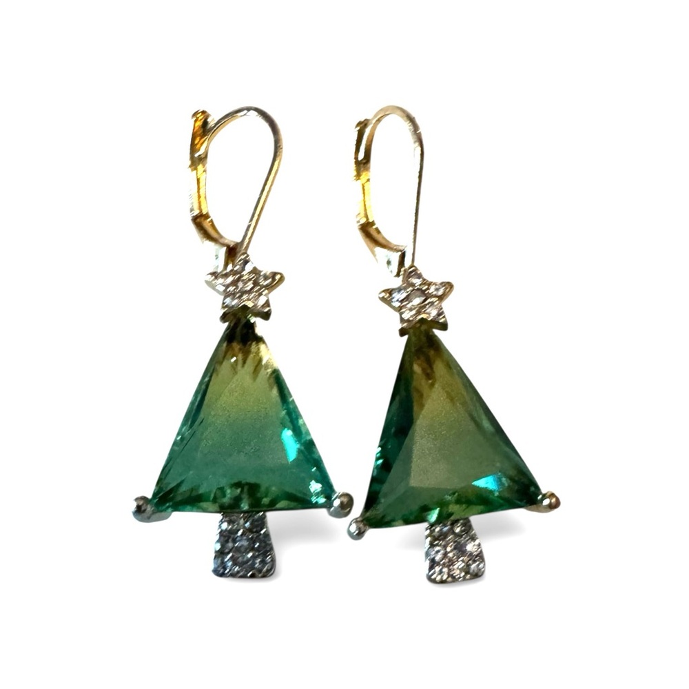 Elegant Green and Gold Crystal Christmas Tree Earrings, NWOT